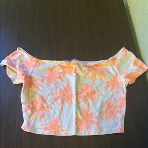 Charlotte Russe small Orange Palm Print Off-Shoulder crop Top